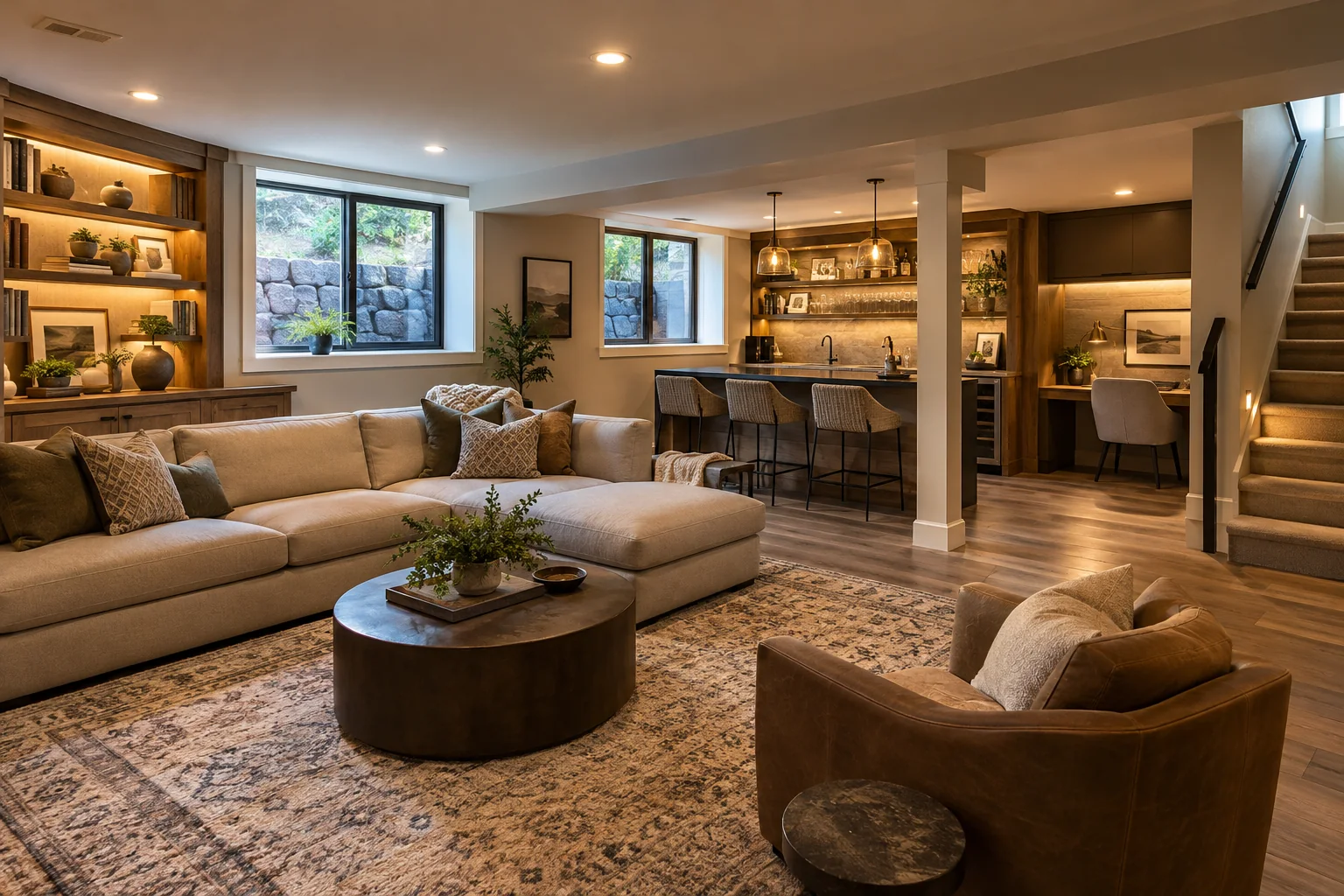 Finished lower-level lounge with warm built-ins and seating, shown as design inspiration