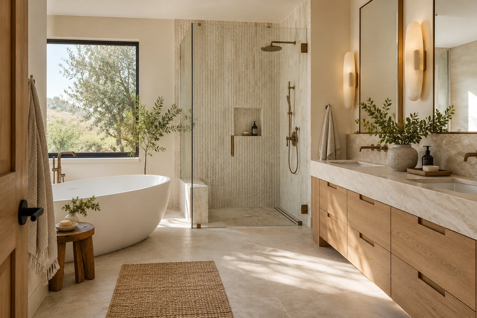 Light modern bathroom with oak vanity, stone surfaces, and freestanding tub, shown as design inspiration