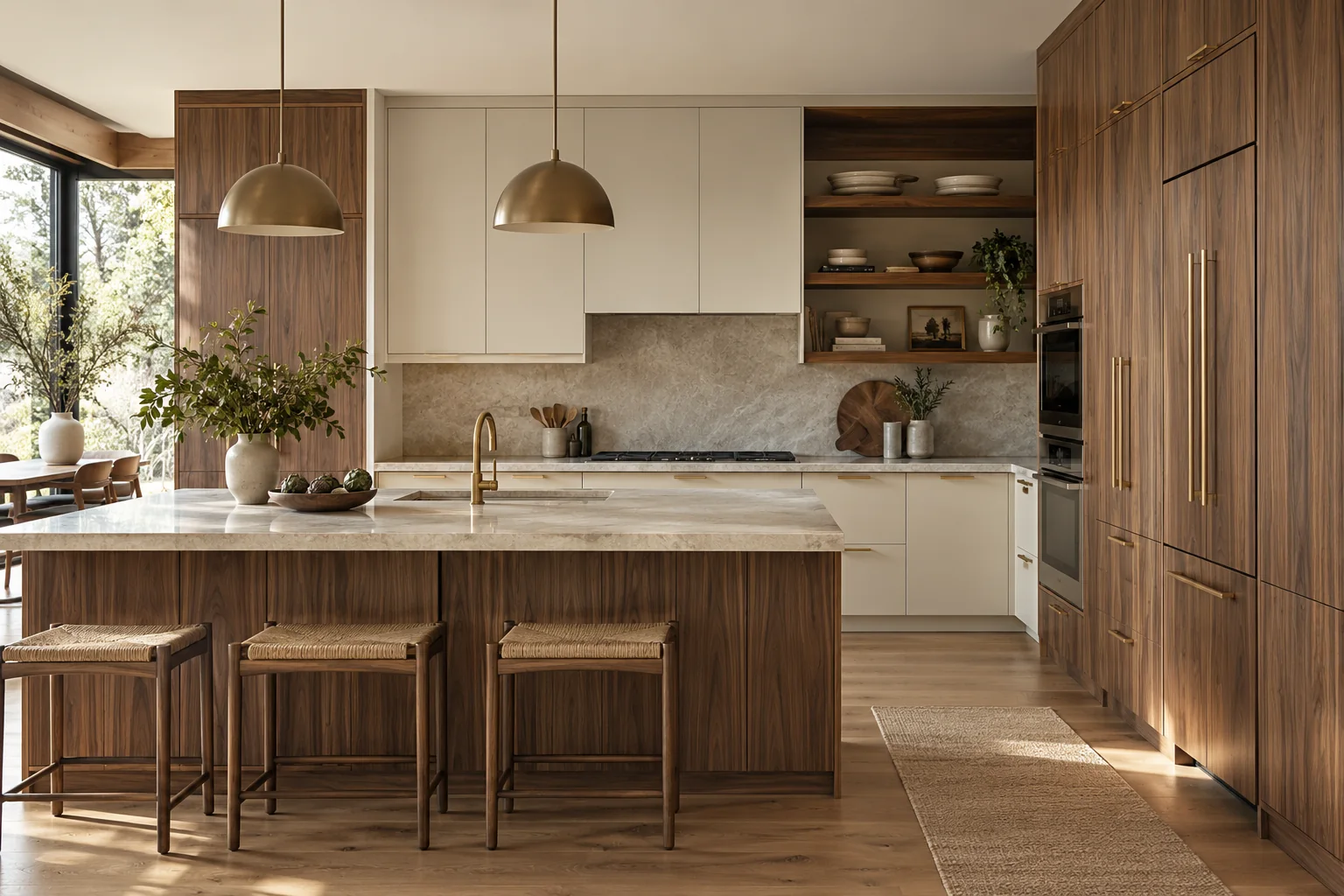 Warm contemporary walnut and ivory kitchen cabinetry, shown as design inspiration